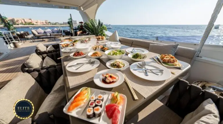 Elite Tatti 108 Ft. Top Catering Options for Your Yacht Rental Dubai Experience image blog.